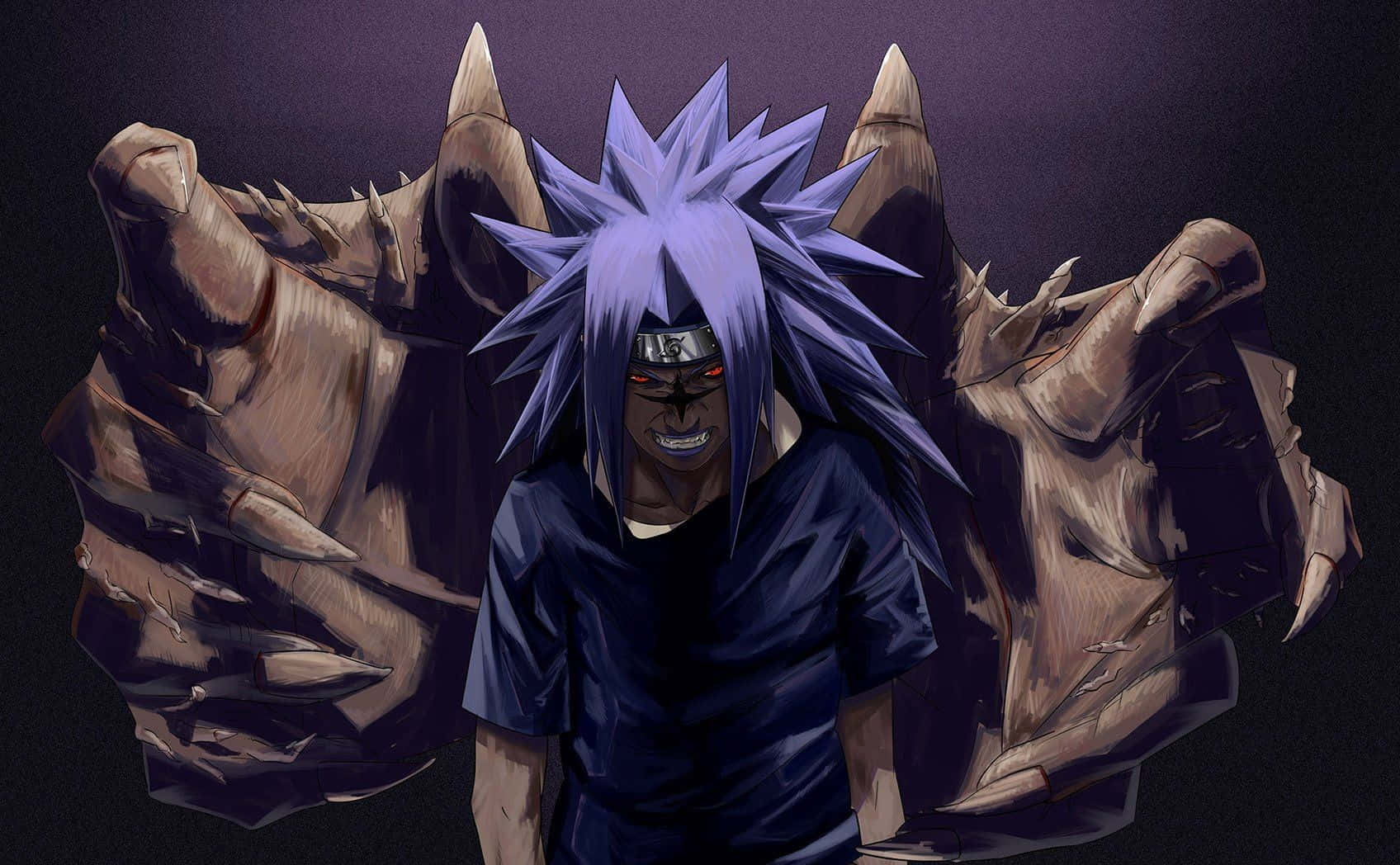 Sasuke Uchiha Cursed Mark 桌布 壁紙 — 一個帶有尖刺紫色頭髮和發光紅色眼睛的威脅性動漫角色，在黑暗背景中由巨大的石拳夾擊站立。
