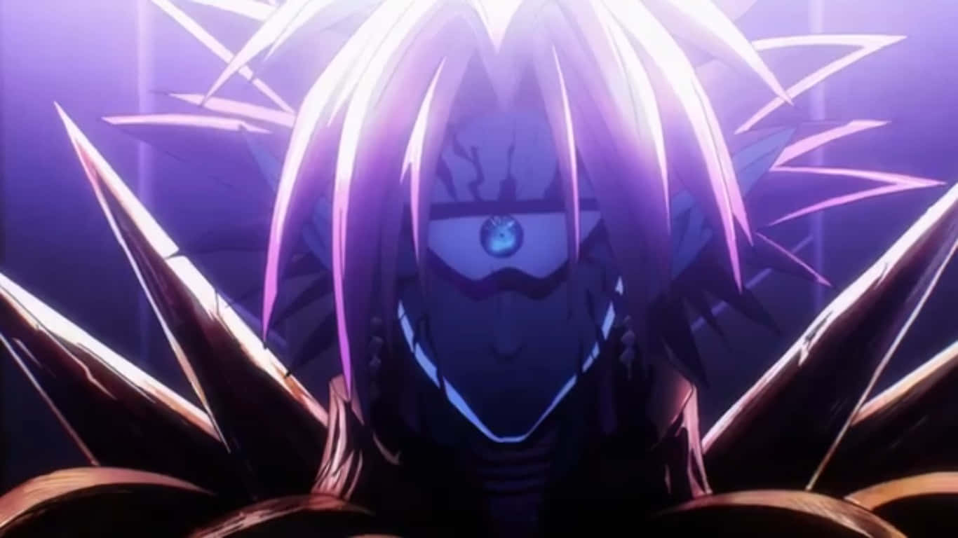 Lord Boros 桌布 壁紙 — 一個帶有尖刺紫色頭髮和發光藍色眼睛的威脅性動漫角色，在深紫色背景下強烈凝視。