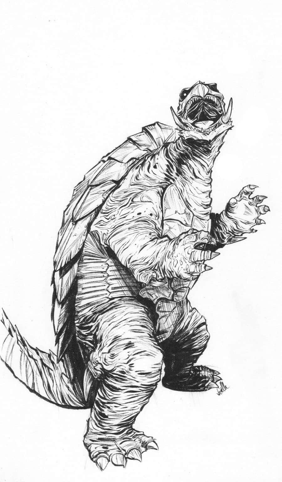 Gamera 桌布 壁紙 — 一個帶有尖刺背部及張開嘴巴的哥斯拉般威脅性生物，以細緻黑色墨水在白底上呈現動態姿勢。