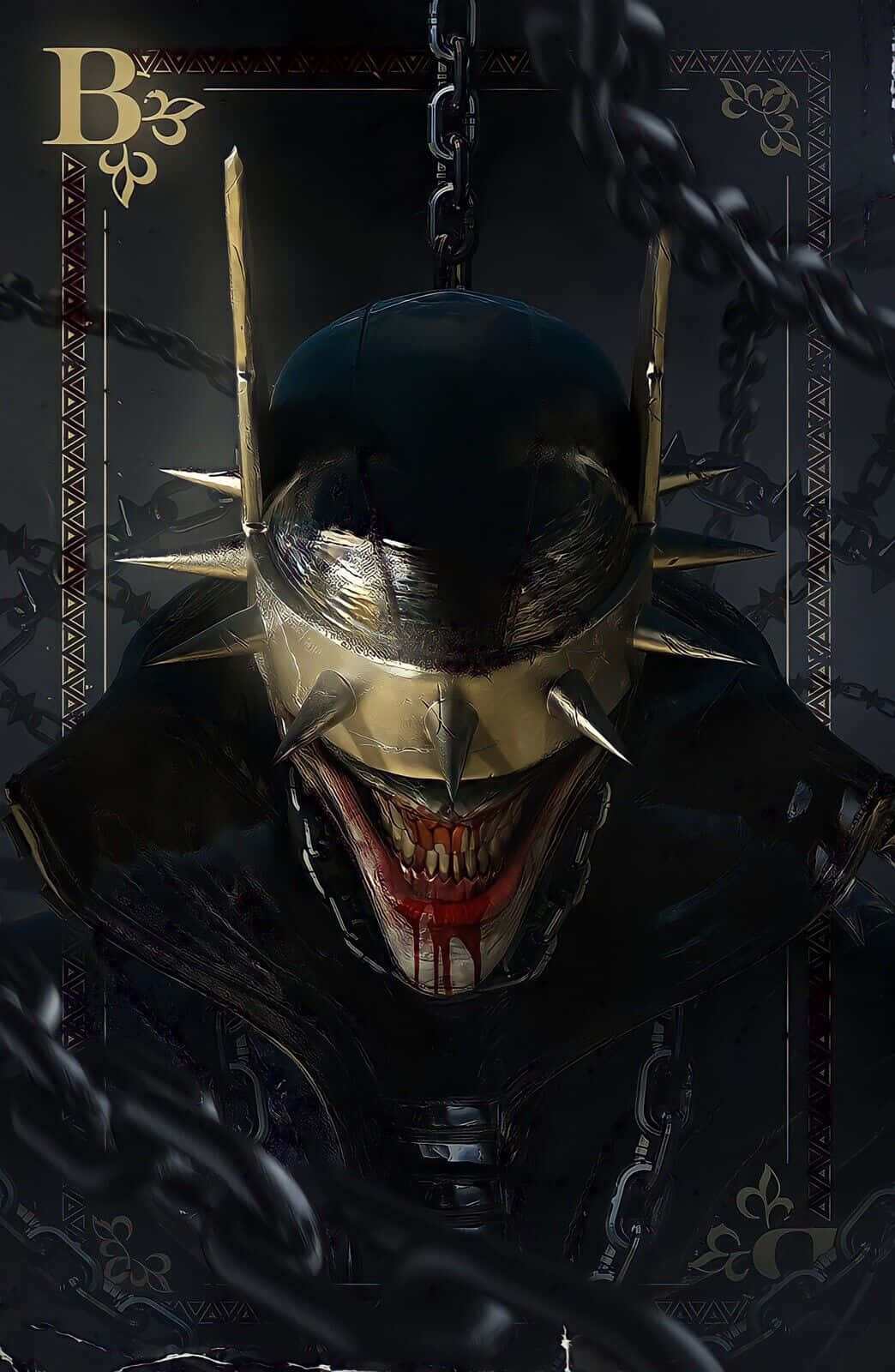 The Batman Who Laughs 桌布 壁紙 — 一個帶有尖刺金色頭盔和血淋淋笑容的威脅性裝甲人物，在黑暗華麗的環境中被沉重的鎖鏈懸掛著。