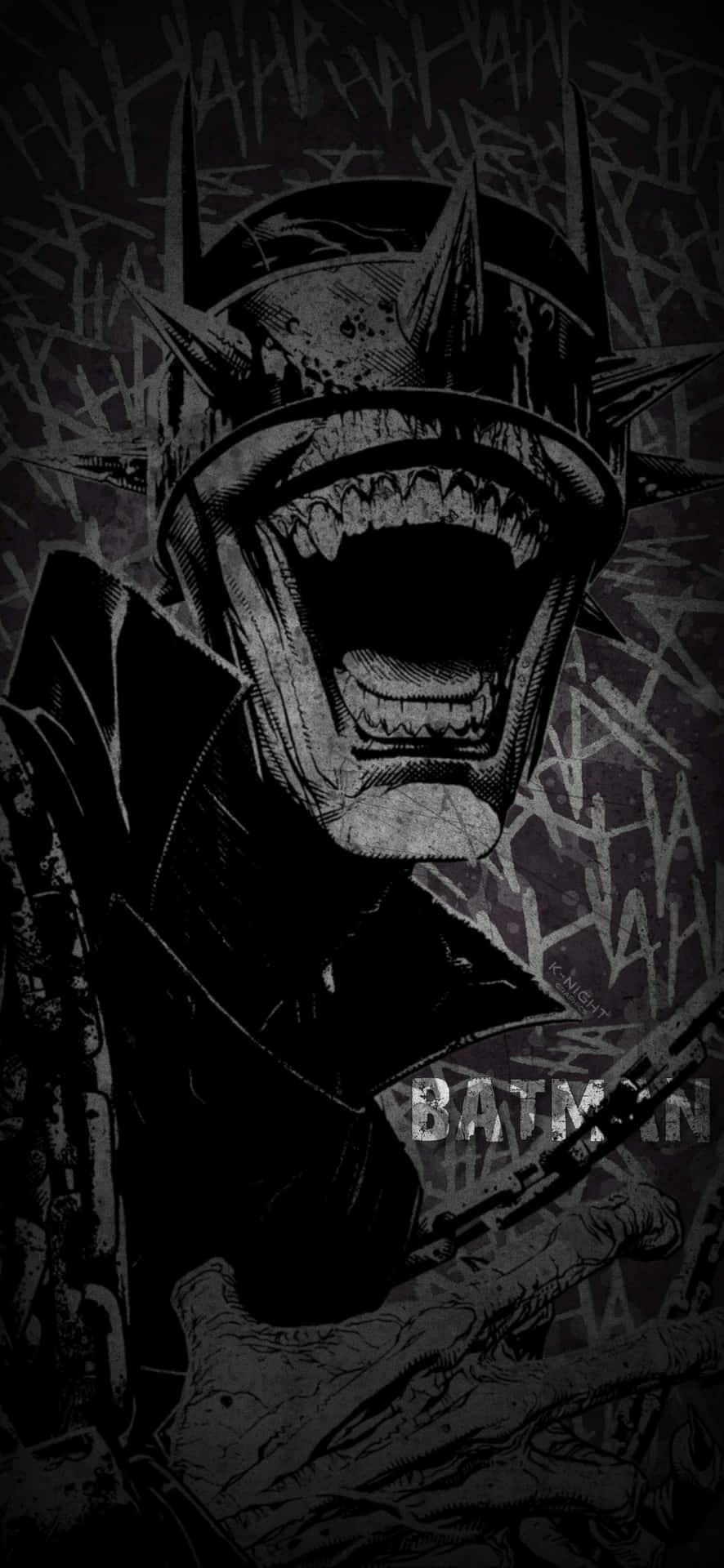 The Batman Who Laughs 桌布 壁紙 — 一個帶有尖刺頭盔、張嘴尖叫的威脅性蝙蝠俠，背景是塗鴉覆蓋的黑暗。