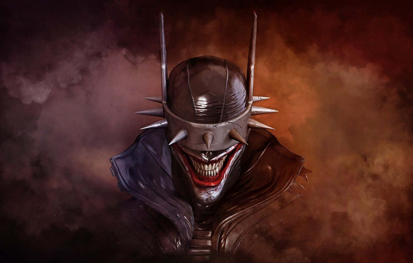 Horror Masks 桌布 壁紙 — 一個帶有尖刺頭盔和咧嘴大笑的威脅性裝甲人物，站在煙霧繚繞的火熱背景前。