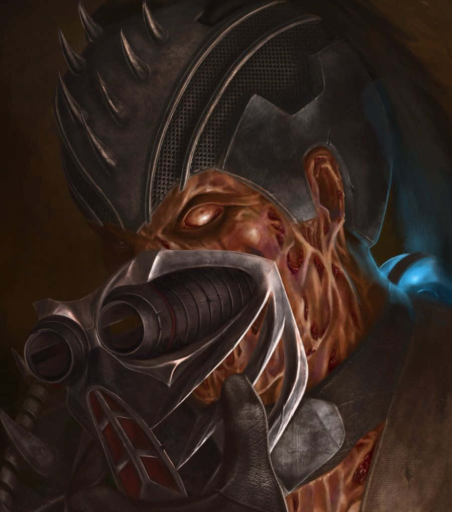 Mortal Kombat Kabal 桌布 壁紙 — 一個帶有尖刺頭盔和發光紅色眼睛的威嚇裝甲戰士透過金屬面具凝視著。