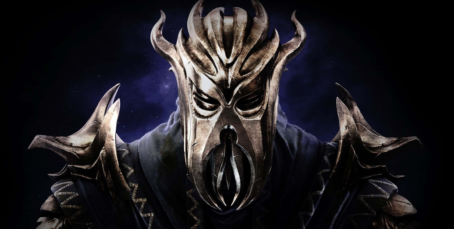 dovahkiin 桌布 壁紙 — 一個帶有尖刺頭盔和黑色斗篷的威脅性裝甲人物站在繁星點點的夜空下。