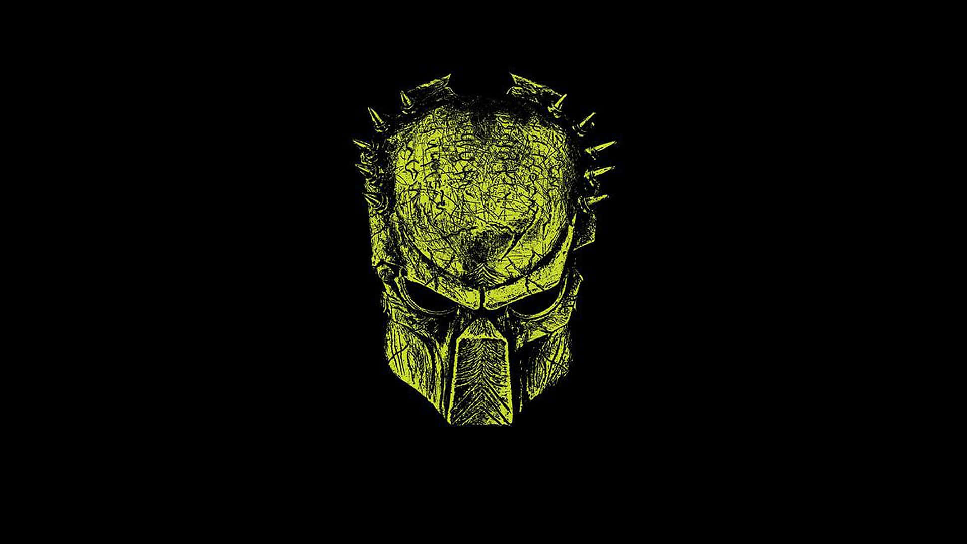 Wolf Predator 桌布 壁紙 — 一個帶有尖刺頭盔的威脅性螢光綠色鐵血戰士頭骨，在漆黑的背景下發光。
