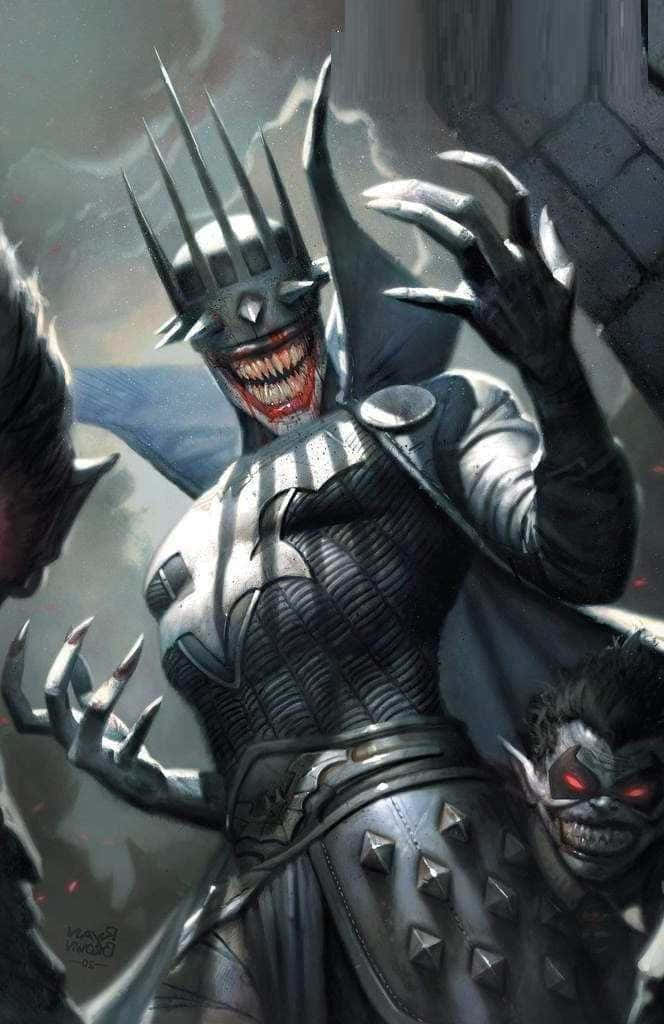 The Batman Who Laughs 桌布 壁紙 — 一個帶有尖刺頭罩和利爪的威脅性裝甲蝙蝠俠，以黑暗粗獷的漫畫風格向前猛撲。