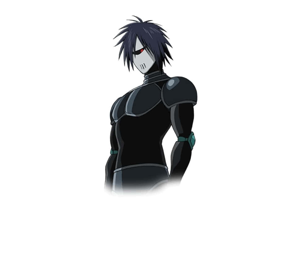 Drive Knight 桌布 壁紙 — 一個帶有尖刺黑髮和發光紅眼的威脅性動漫角色，身穿深色裝甲服，站在純白背景前。