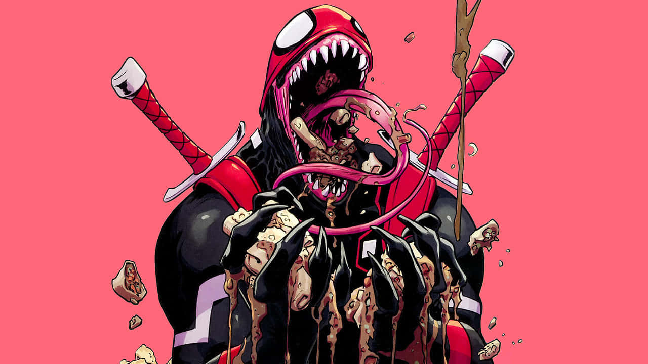 Venomized 桌布 壁紙 — 一個帶有尖牙利爪的威脅性紅黑共生體生物，在鮮豔的粉紅色背景上握著兩把劍。