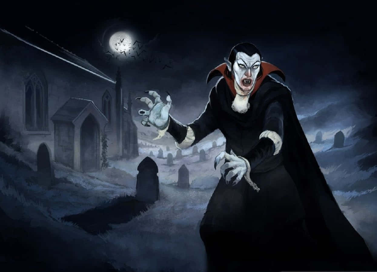 Vampire Costumes 桌布 壁紙 — 一個帶有尖牙和利爪的威脅性吸血鬼，在滿月下從霧氣瀰漫的墓地中出現，蝙蝠飛舞。