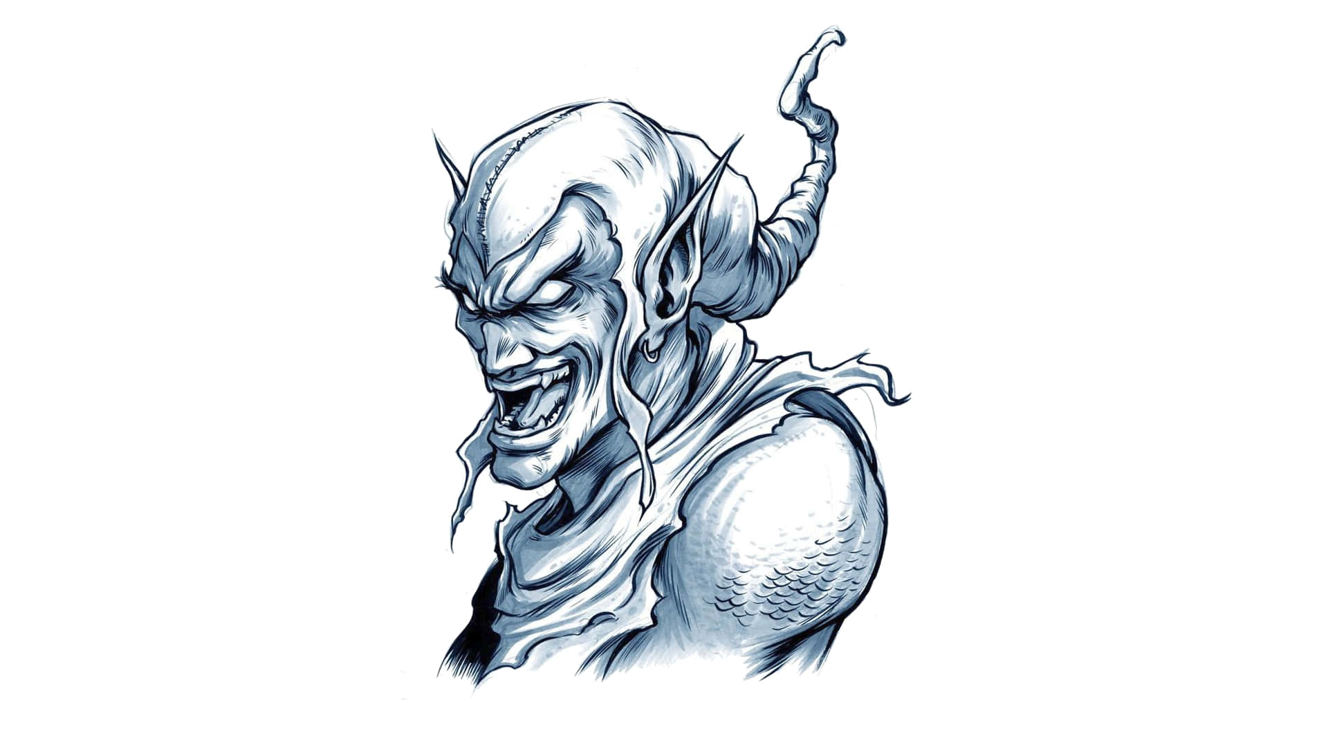 Norman Osborn 桌布 壁紙 — 一個帶有尖牙和尖耳、長角的惡魔，以藍色墨水繪製的威脅性插圖，正兇狠地咆哮。