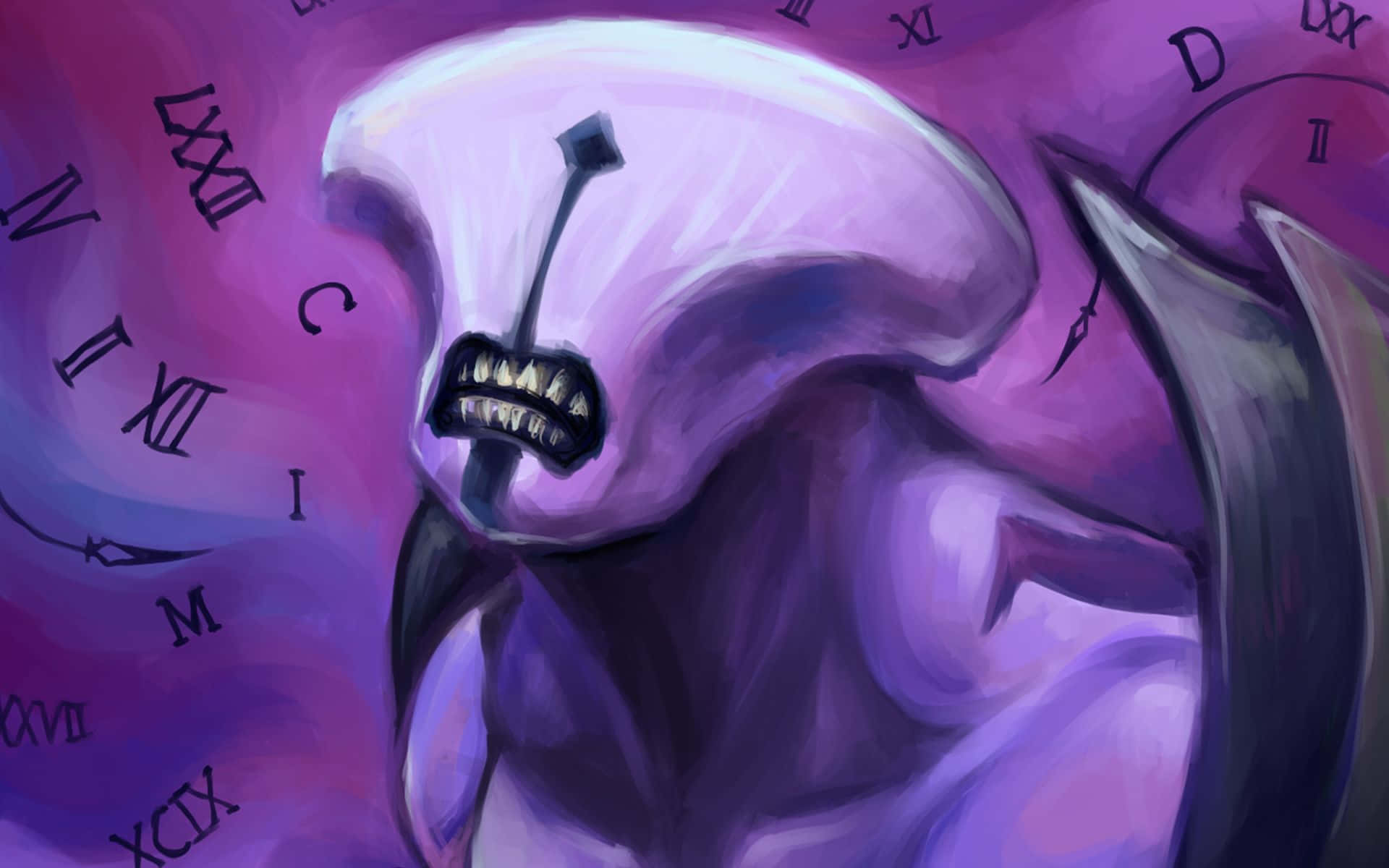 Faceless Void 桌布 壁紙 — 一個帶有尖牙和時鐘臉孔的威脅性紫色外星生物，在旋轉的紫色背景中若隱若現。