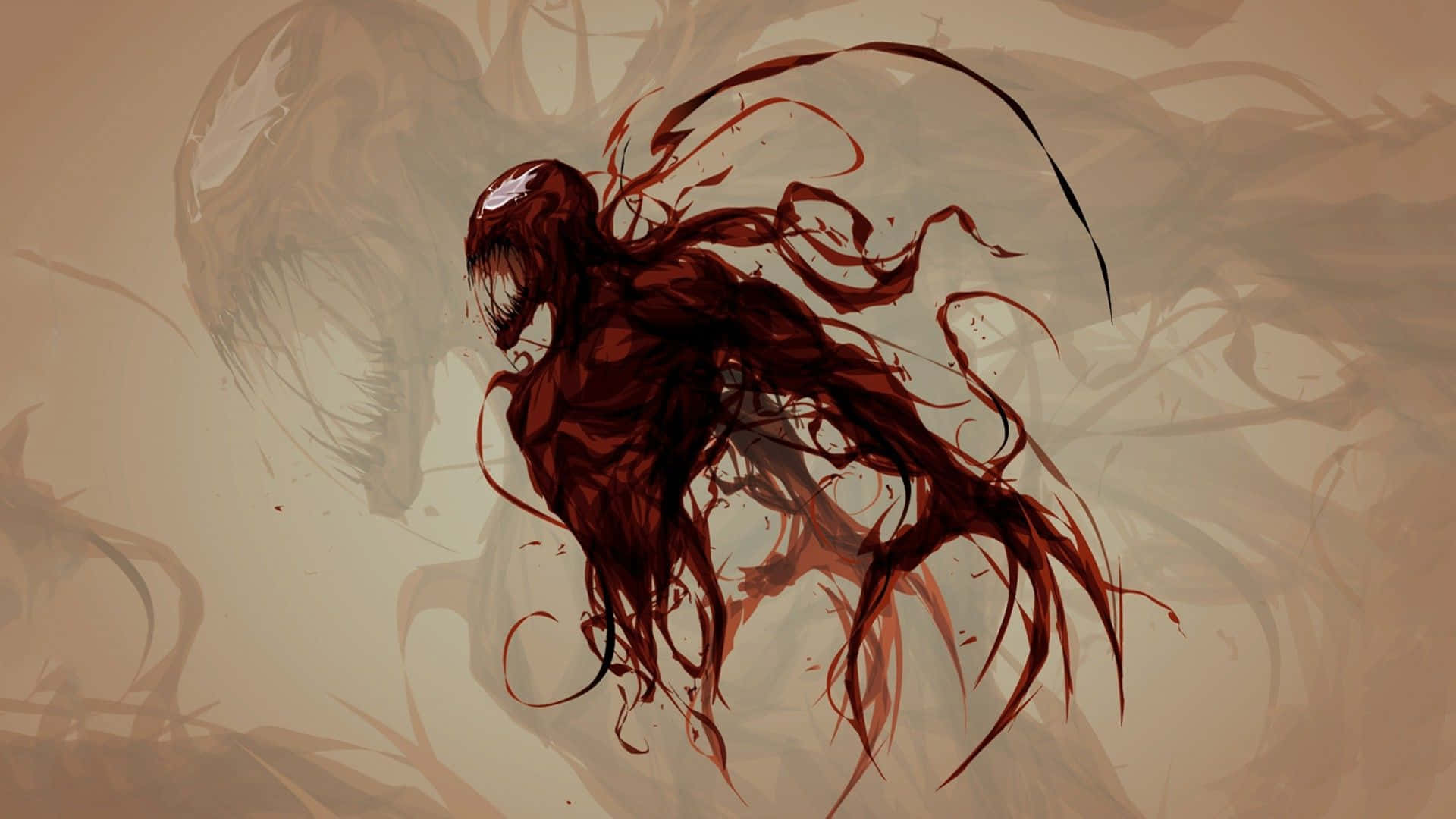 Carnage USA 桌布 壁紙 — 一個帶有尖牙和流動觸手的威脅性紅色共生生物，在柔和的米色背景上爆發。