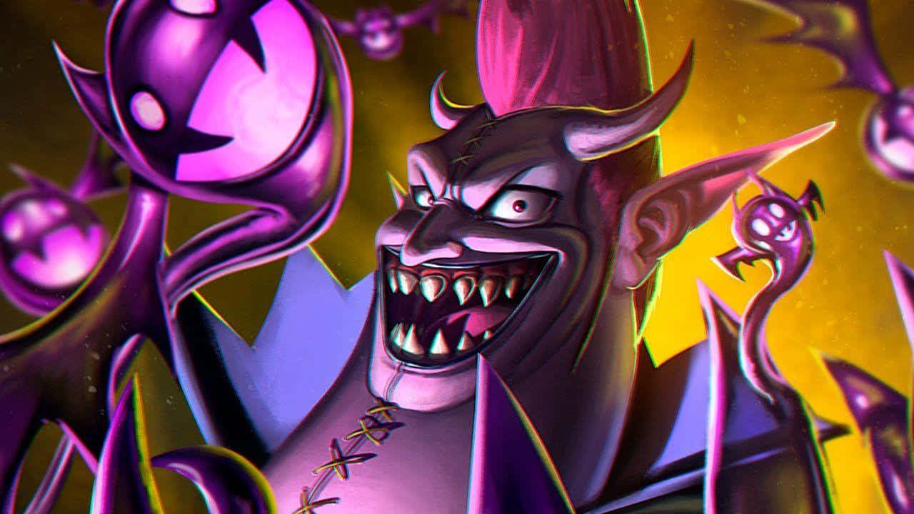 gecko moria 桌布 壁紙 — 一個帶有尖牙和發光眼睛的威脅性紫色惡魔，被漂浮的鬼魂形象包圍，背景為金色。