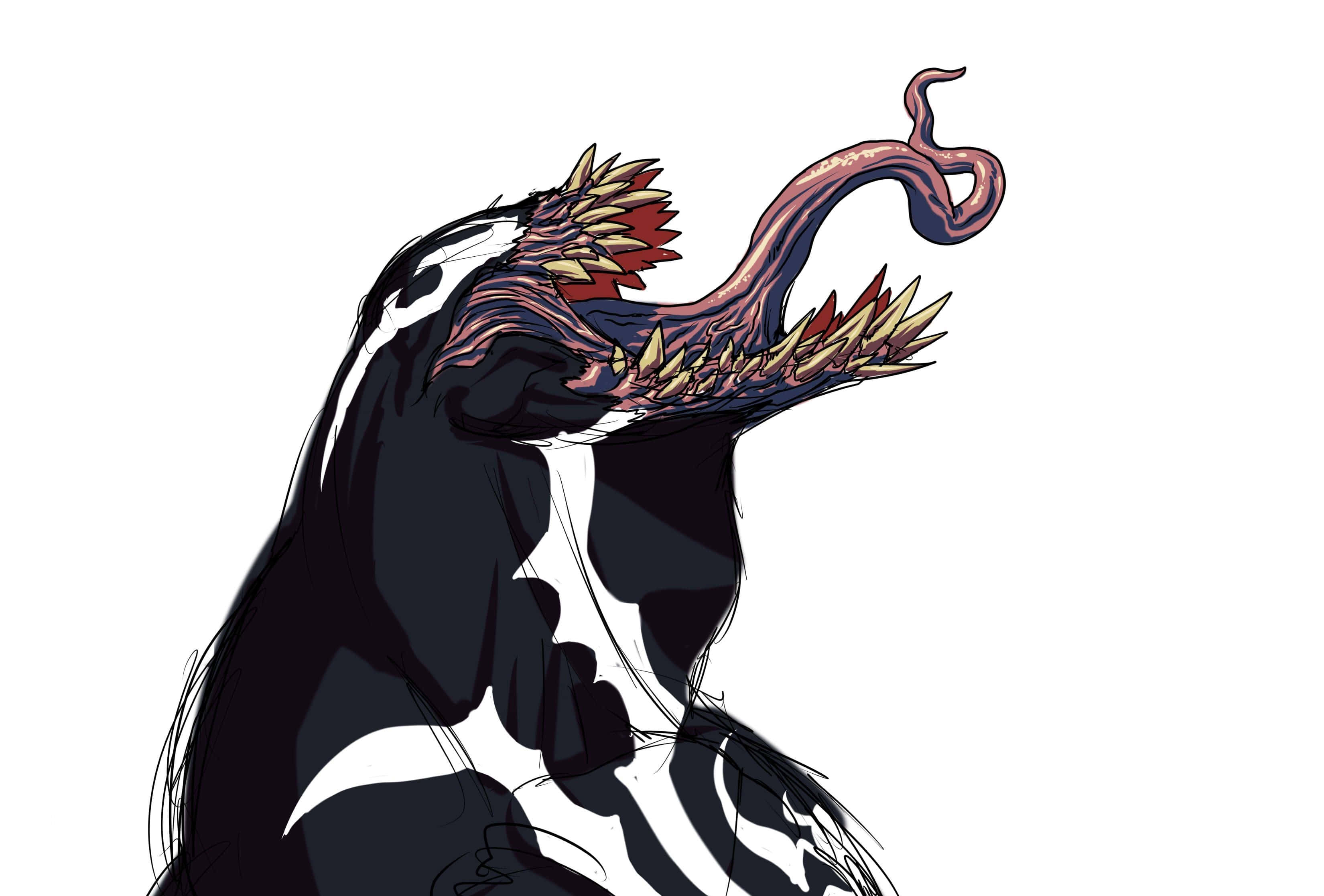 Flash Thompson 桌布 壁紙 — 一個帶有尖牙和長舌的威脅性黑色共生體生物，在純白背景上咆哮。