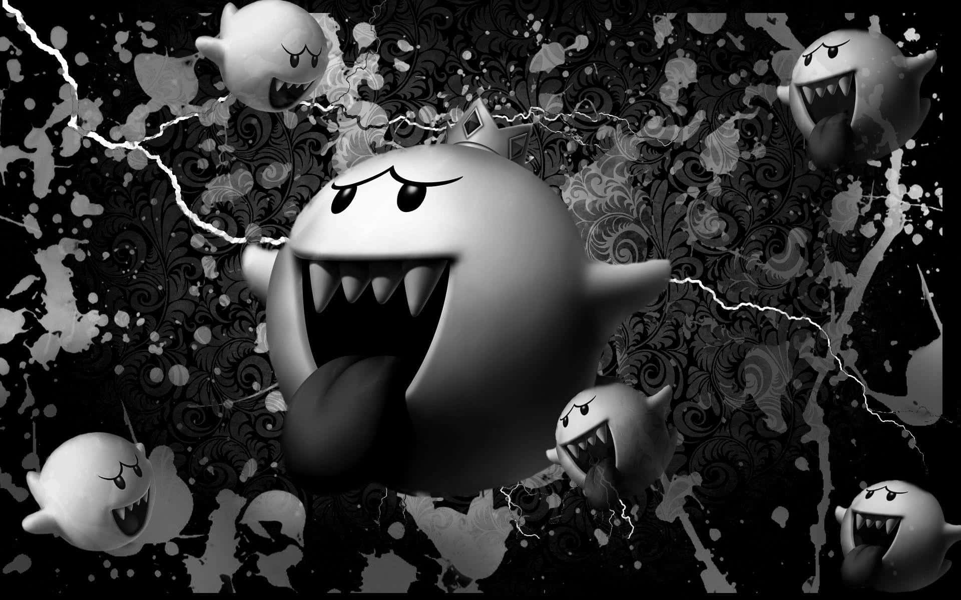 King Boo 桌布 壁紙 — 一個帶有尖牙和長舌的恐怖黑白3D渲染鬼魂，主宰著由旋轉圖案和閃電組成的混亂背景。