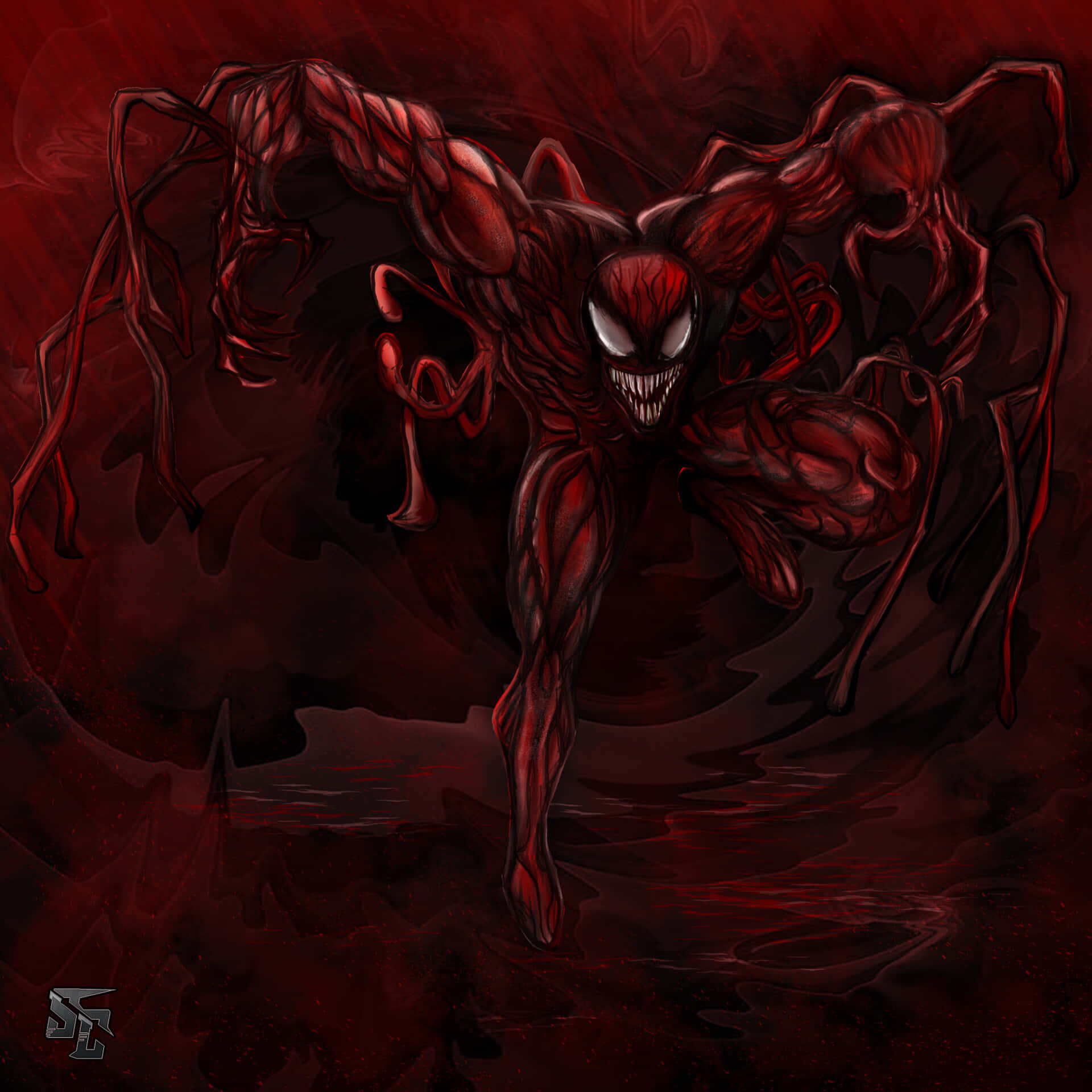 Maximum Carnage 桌布 壁紙 — 一個帶有尖銳牙齒和扭動肢體的威脅性紅色共生生物從深紅色的液體池中浮現。