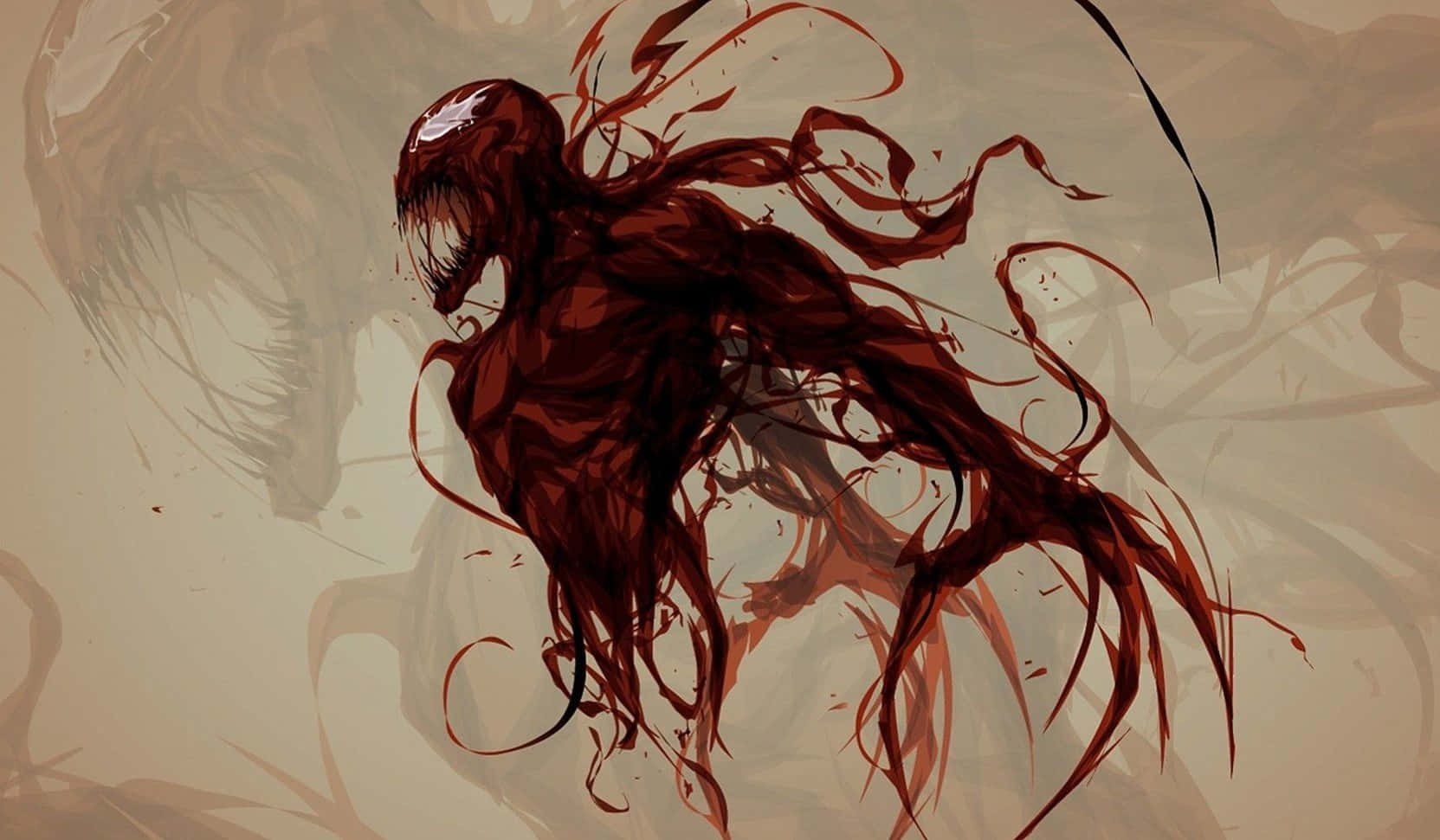 Maximum Carnage 桌布 壁紙 — 一個帶有尖銳牙齒和流動觸手的威脅性紅色共生生物，在柔和的米色背景上爆發。