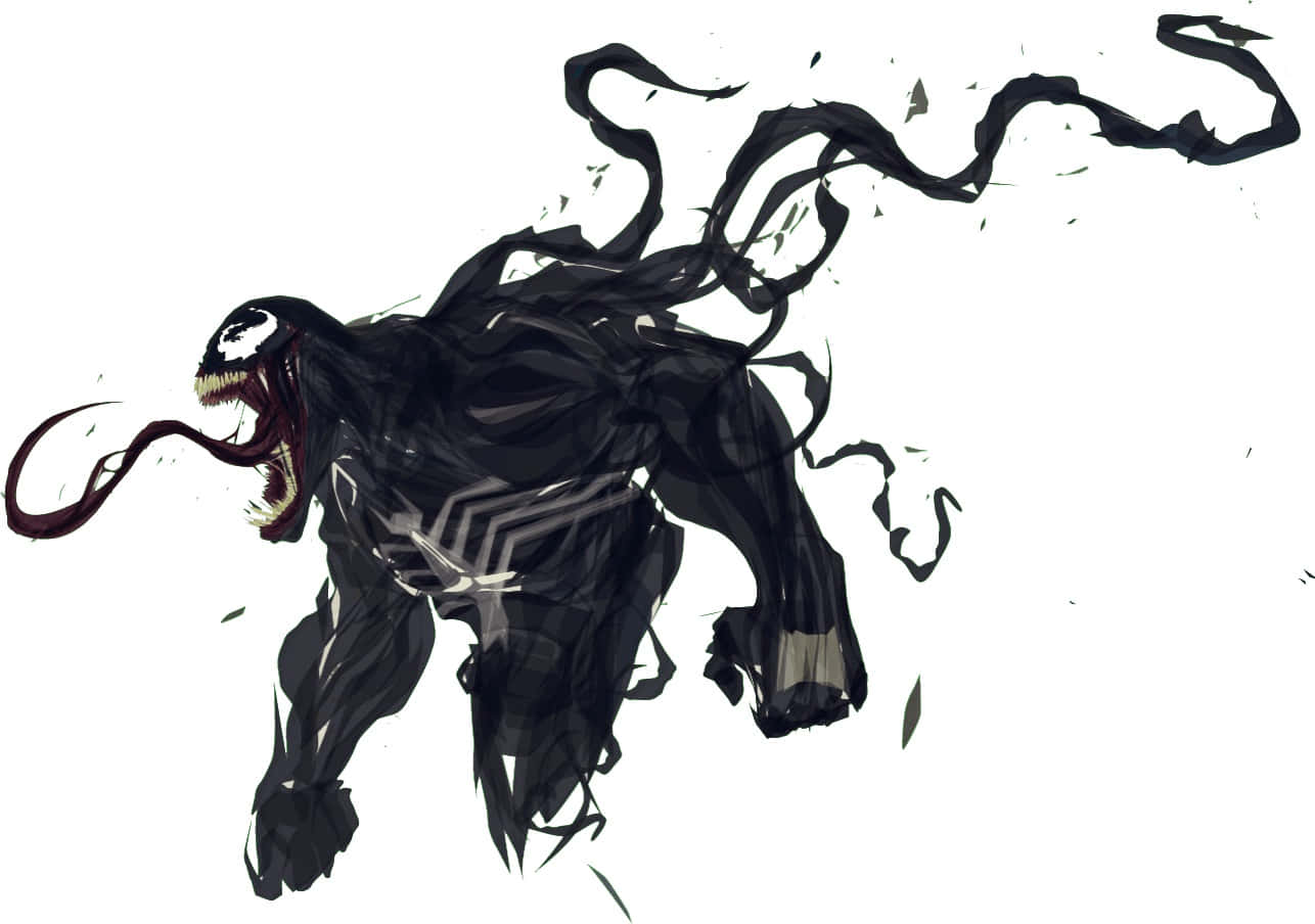 Scary Venom 桌布 壁紙 — 一個帶有尖銳牙齒和流動觸手的威脅性黑色共生體生物，在純白色背景上向前猛撲。