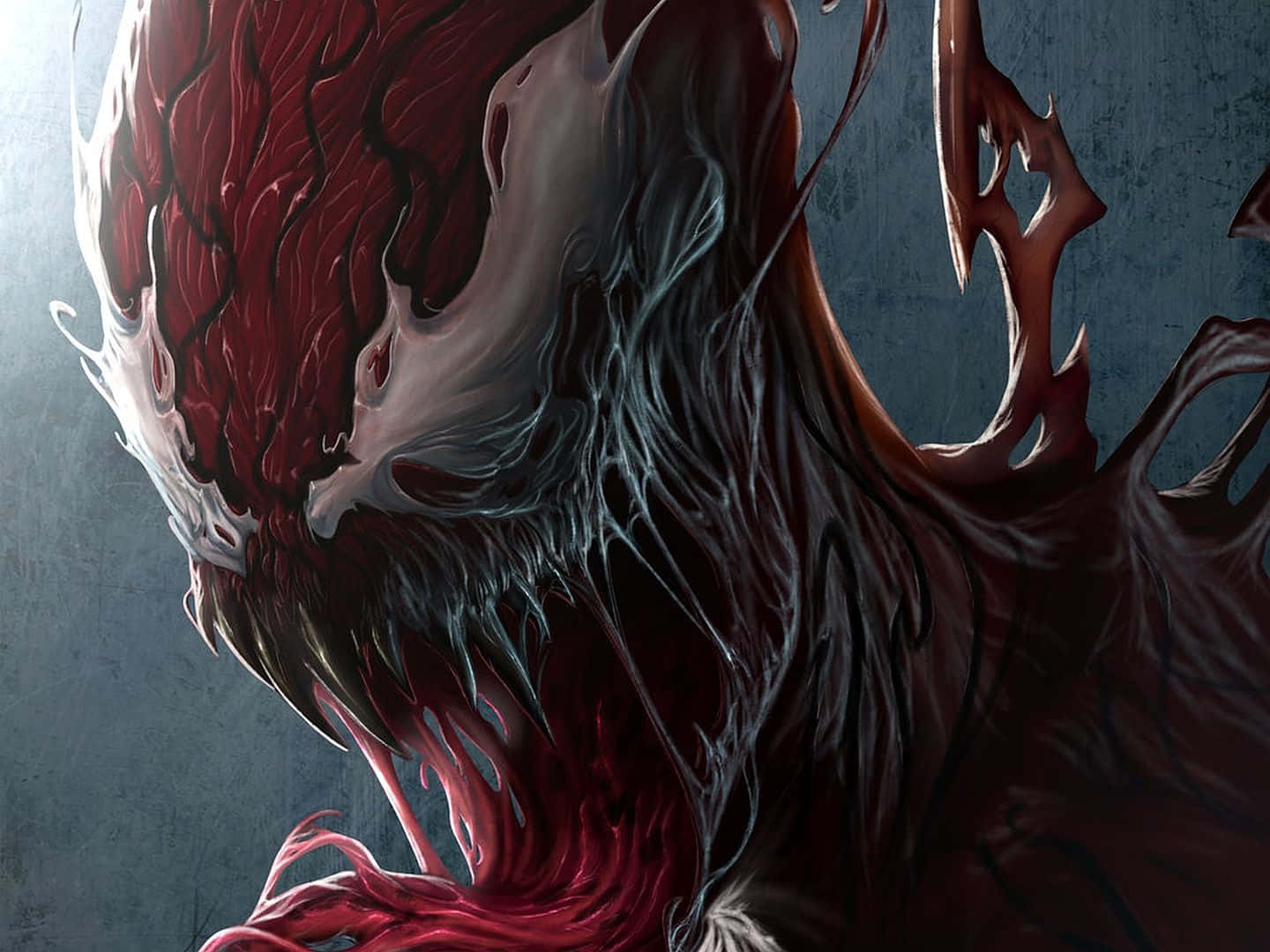Carnage USA 桌布 壁紙 — 一個帶有尖銳牙齒和流動觸手的威脅性紅黑共生生物，背景為深色紋理。