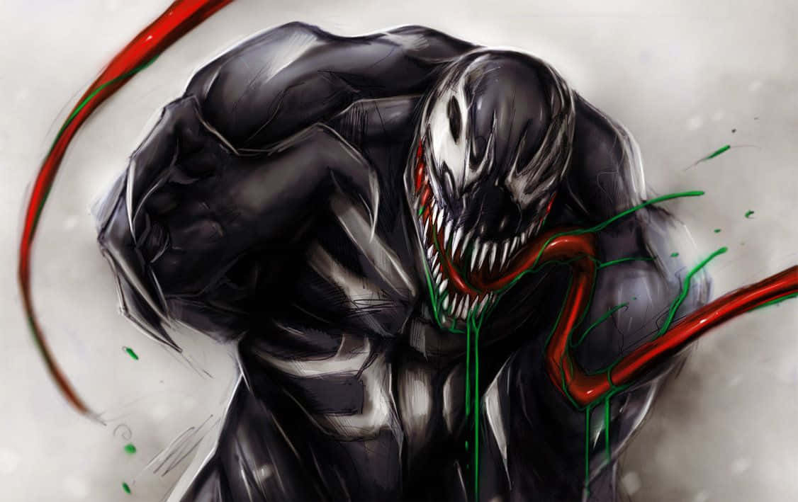 Scary Venom 桌布 壁紙 — 一個帶有尖銳牙齒和紅綠色觸手的威脅性毒魔，在純白背景上向前猛撲。