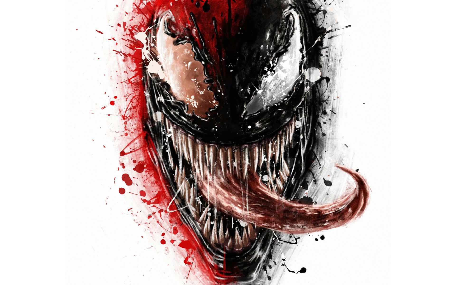 Carnage Vs Venom 桌布 壁紙 — 一個帶有尖銳牙齒和紅色飛濺的威脅性毒魔面孔，背景為純白色。