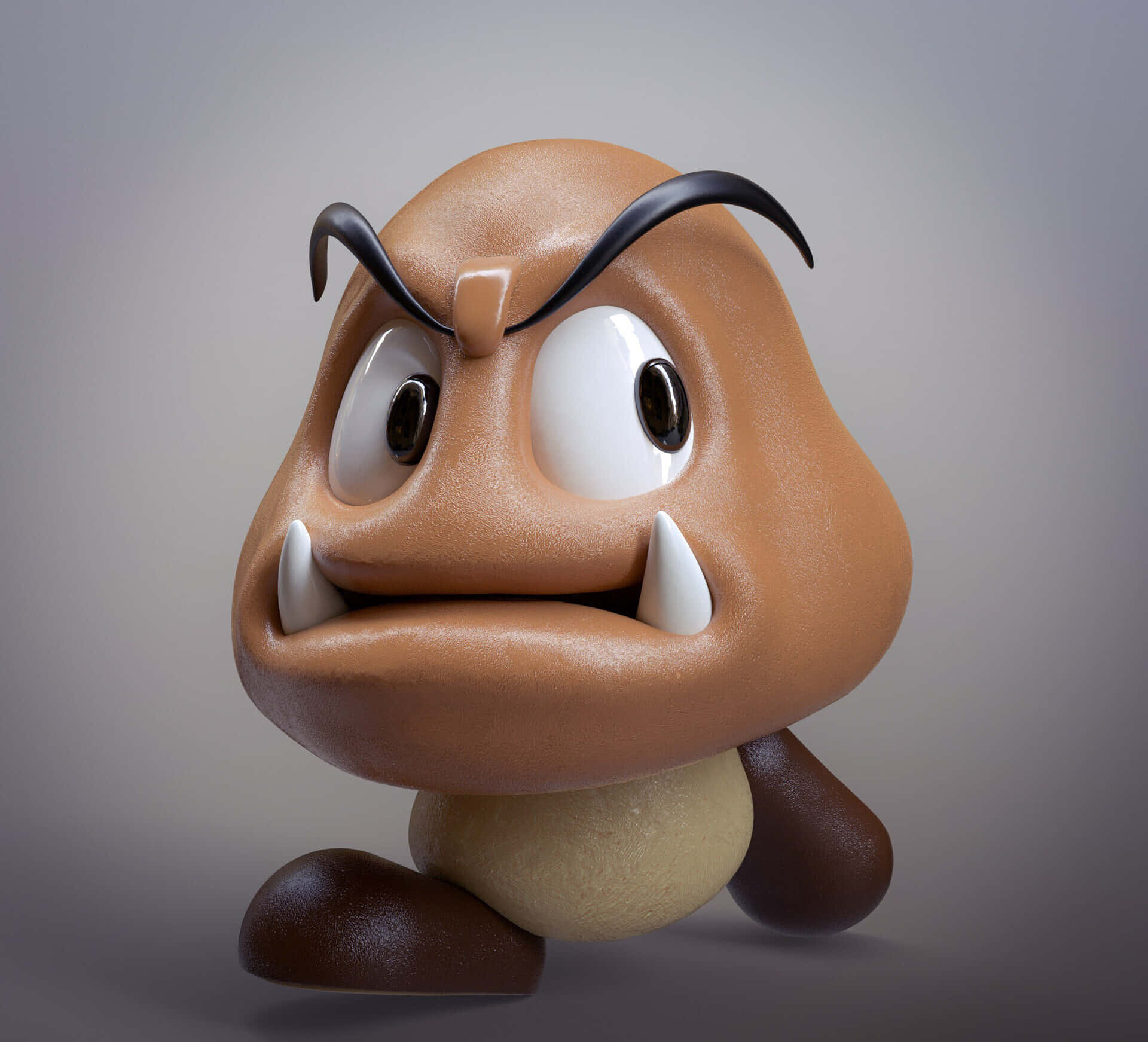 Goomba 桌布 壁紙 — 一個帶有尖銳眉毛、獠牙和暴躁表情的威脅性 3D 渲染栗子仔，背景為灰色。