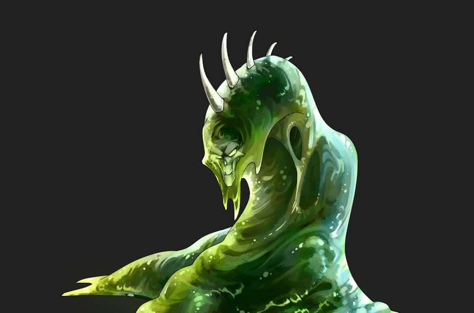 Halloween Slime 桌布 壁紙 — 一個帶有尖銳角和發光眼睛的威脅性綠色黏液怪物，在黑暗背景上滴下黏稠液體。