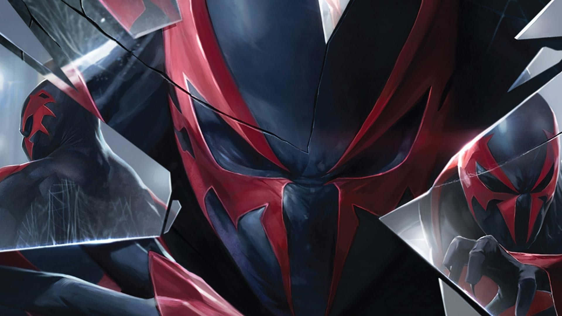 Spider Man 2099 桌布 壁紙 — 一個帶有強烈發光眼睛的威脅性紅黑面具超級英雄穿過破碎的玻璃出現。