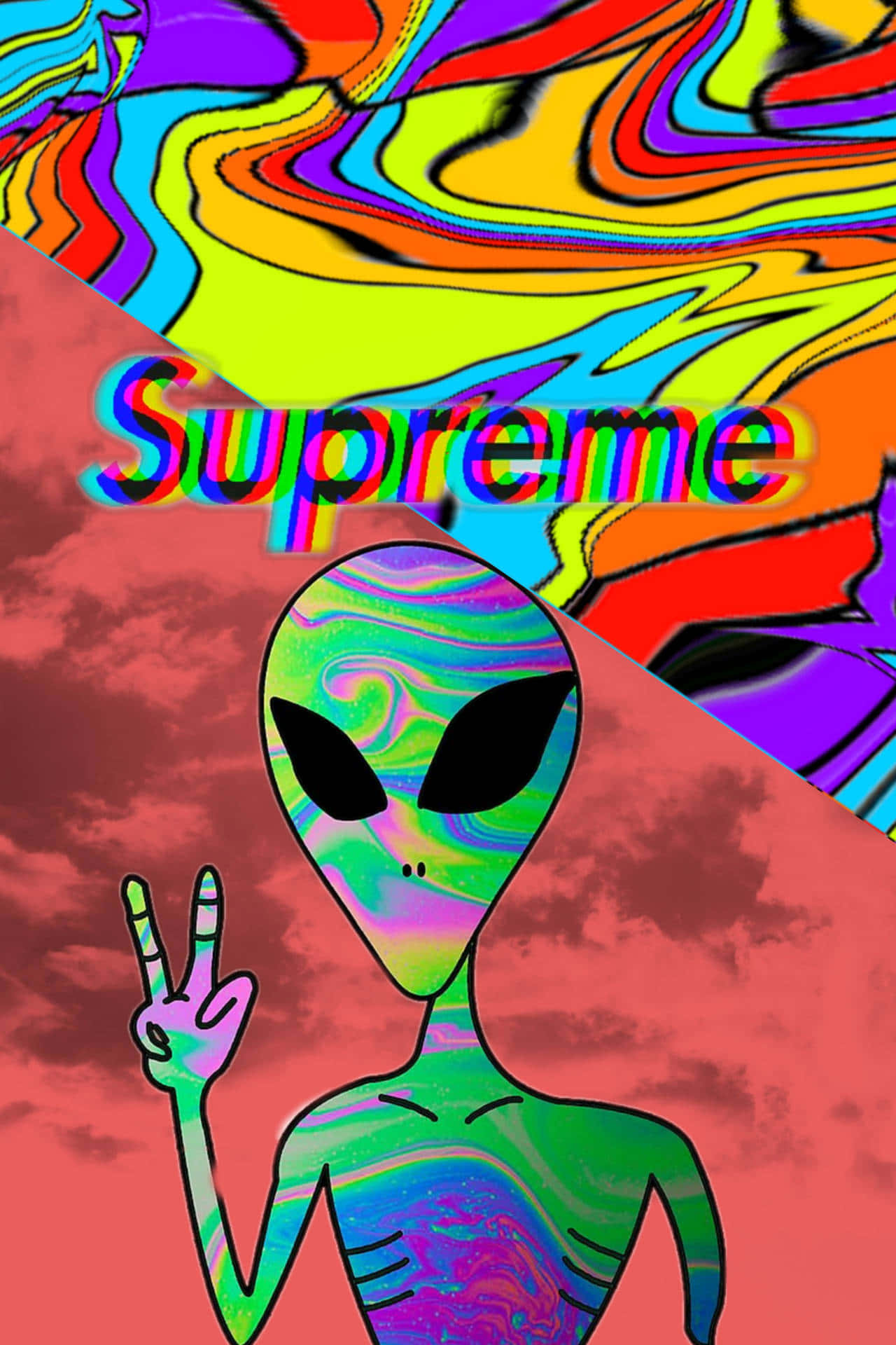 Cartoon Alien 桌布 壁紙 — 一個帶有彩虹漩渦的迷幻外星人在充滿活力、扭曲的天空中做出和平手勢，並帶有Supreme字樣。