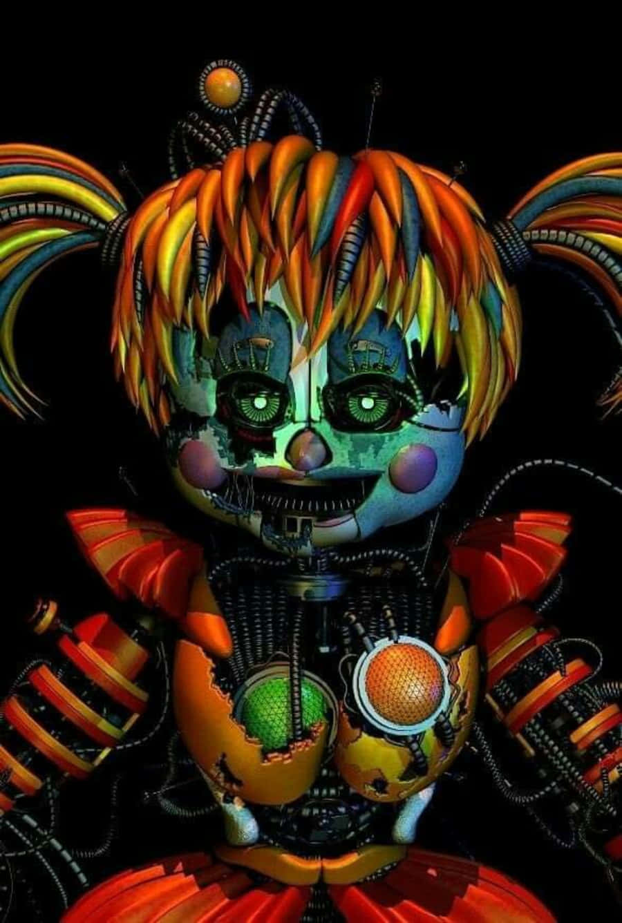 Scrap Baby 桌布 壁紙 — 一個帶有彩虹辮子、發光綠色眼睛和裸露電線的威脅性機械小丑，背景為黑色。