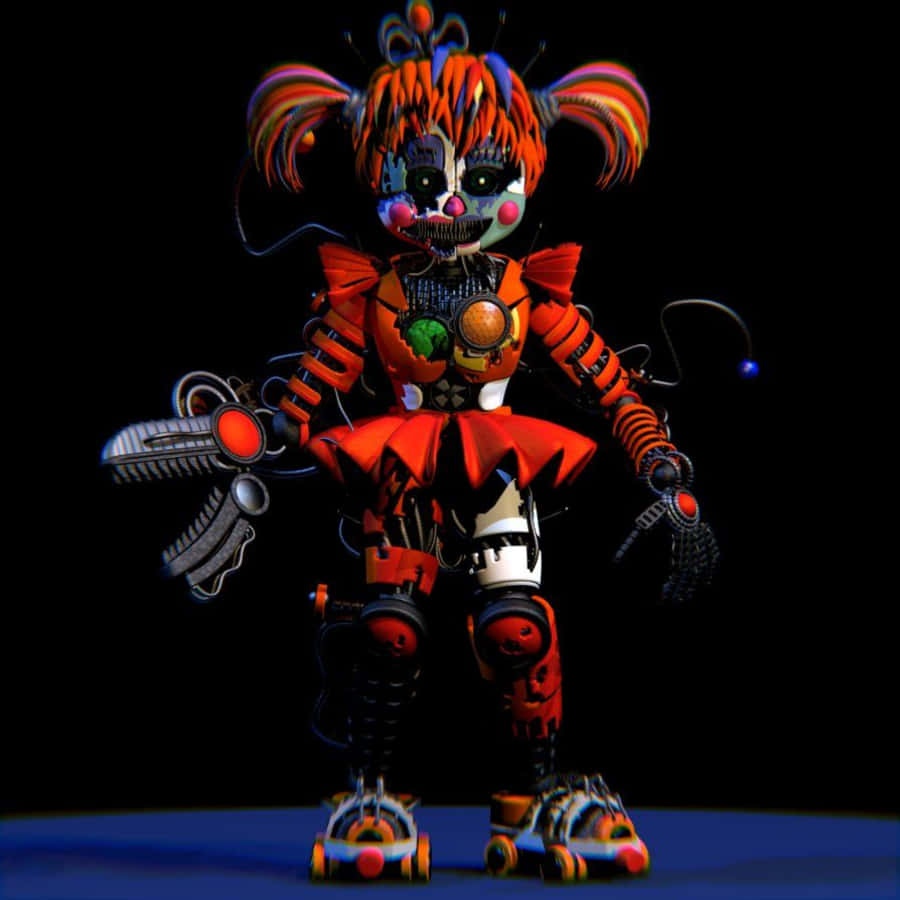 Scrap Baby 桌布 壁紙 — 一個帶有彩虹辮子和外露電線的威脅性機械小丑，站在帶有發光紅色點綴的黑色背景前。