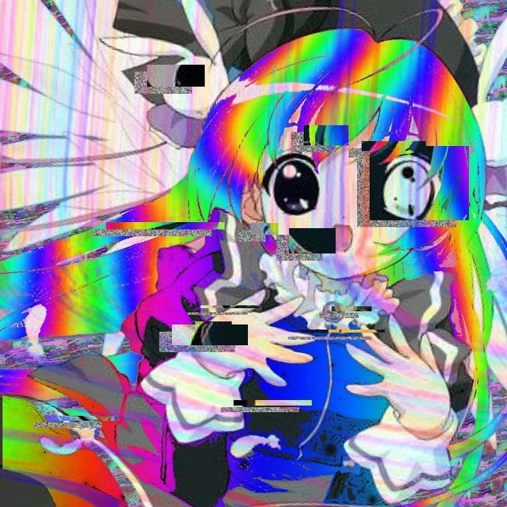 Scenecore 桌布 壁紙 — 一個帶有彩虹頭髮和大眼睛的故障動漫女孩，以扭曲的數位藝術風格呈現。