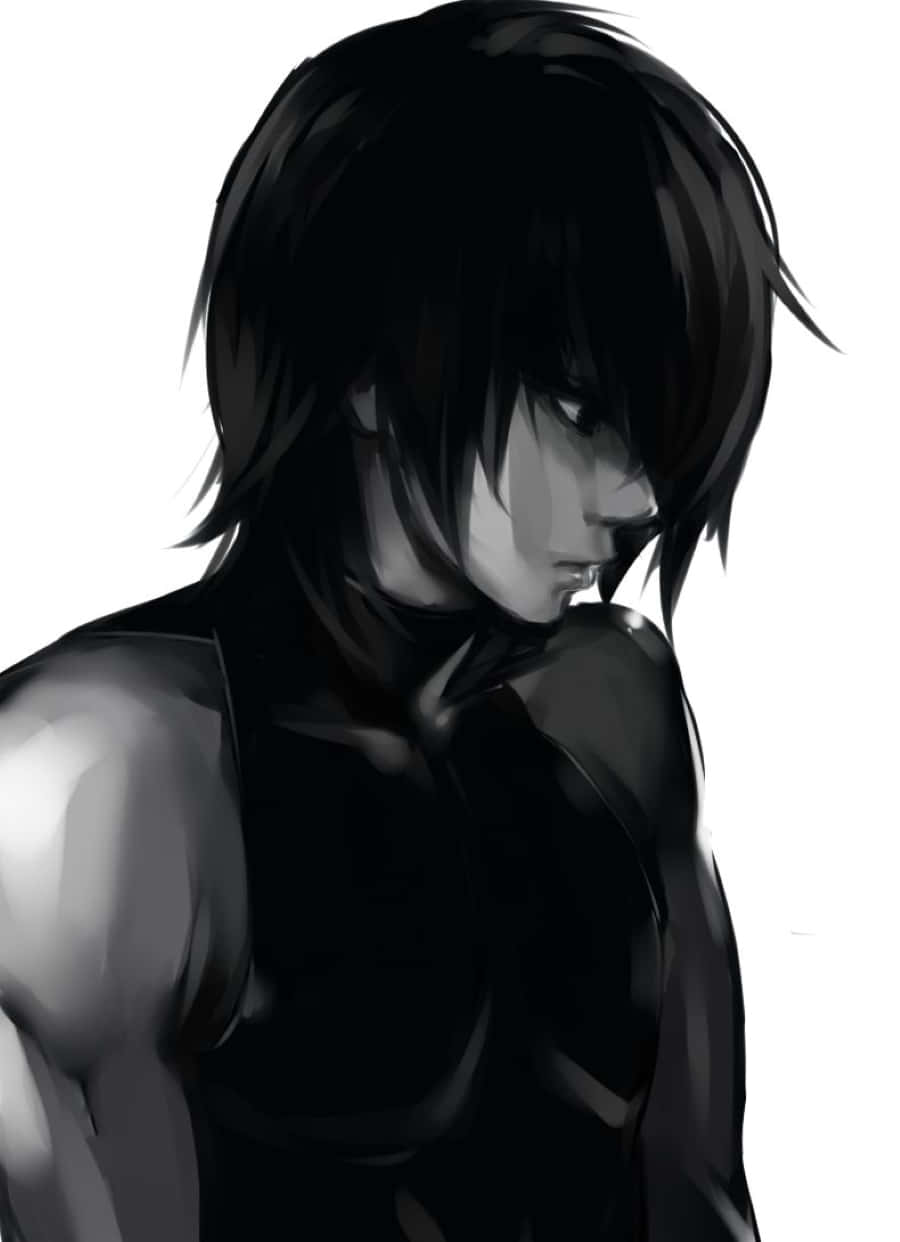 Ayato Kirishima 桌布 壁紙 — 一個帶有憂鬱氣質的動漫角色，深色頭髮，眼神銳利，在純白背景下向下凝視。