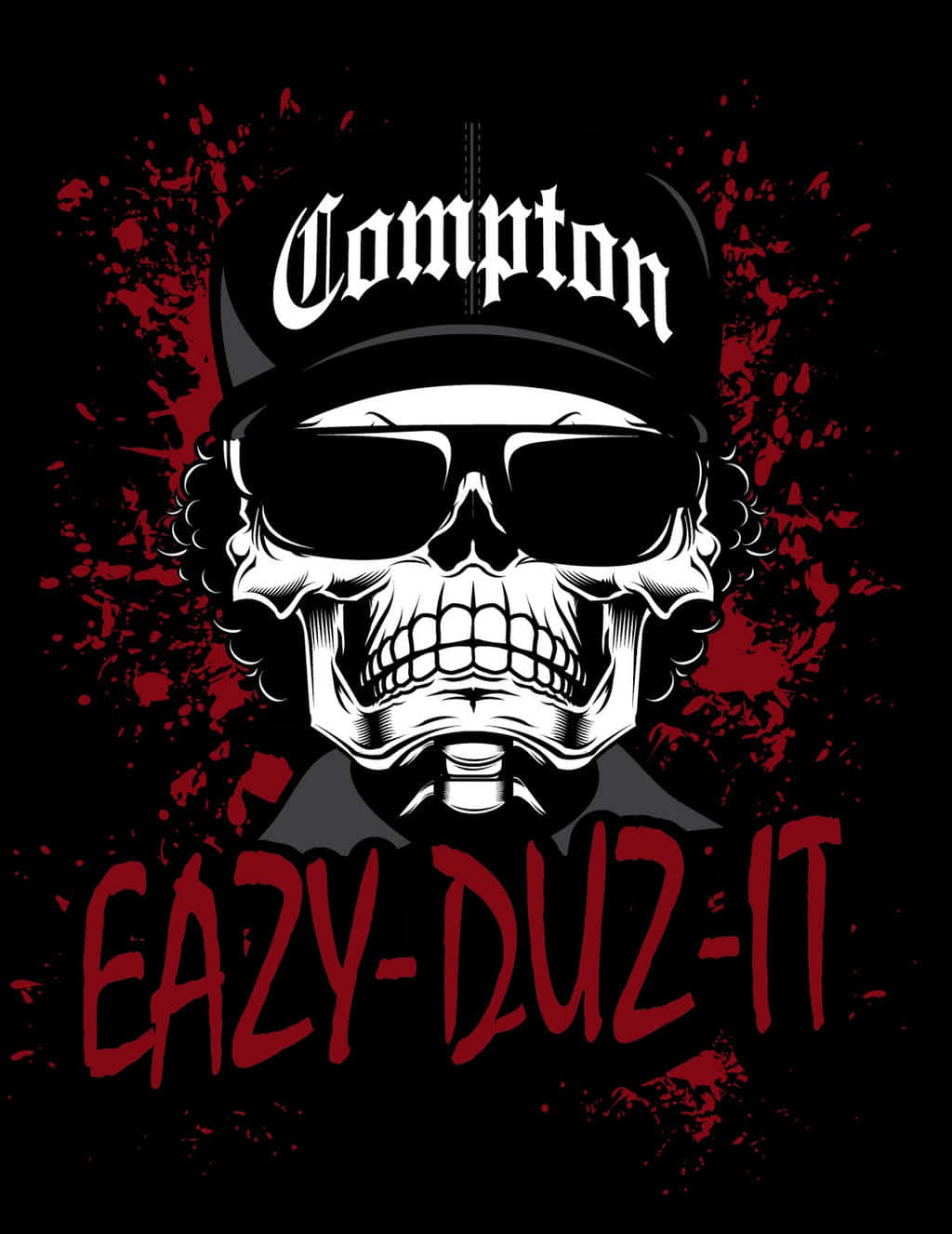 Eazy E 桌布 壁紙 — 一個帶有捲髮的風格化頭骨，戴著Compton帽和太陽眼鏡，背景為黑色，帶有紅色潑濺和粗體紅色文字EAZY-DUZ-IT。