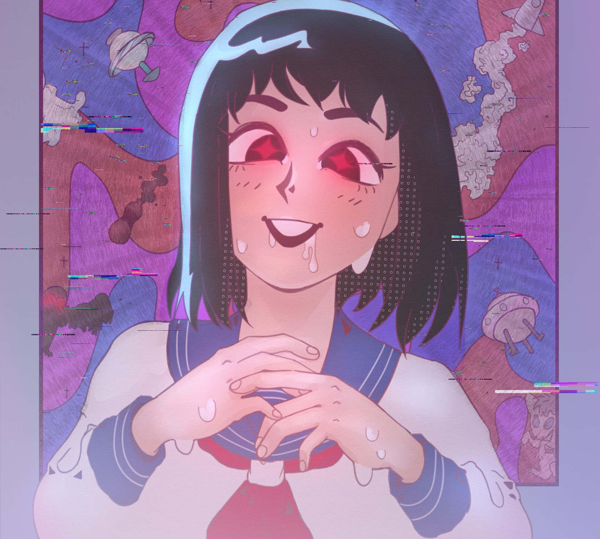 Tome Kurata 桌布 壁紙 — 一個帶有故障效果、紅眼流淚的動漫女孩，穿著水手服，在超現實的宇宙背景中微笑。