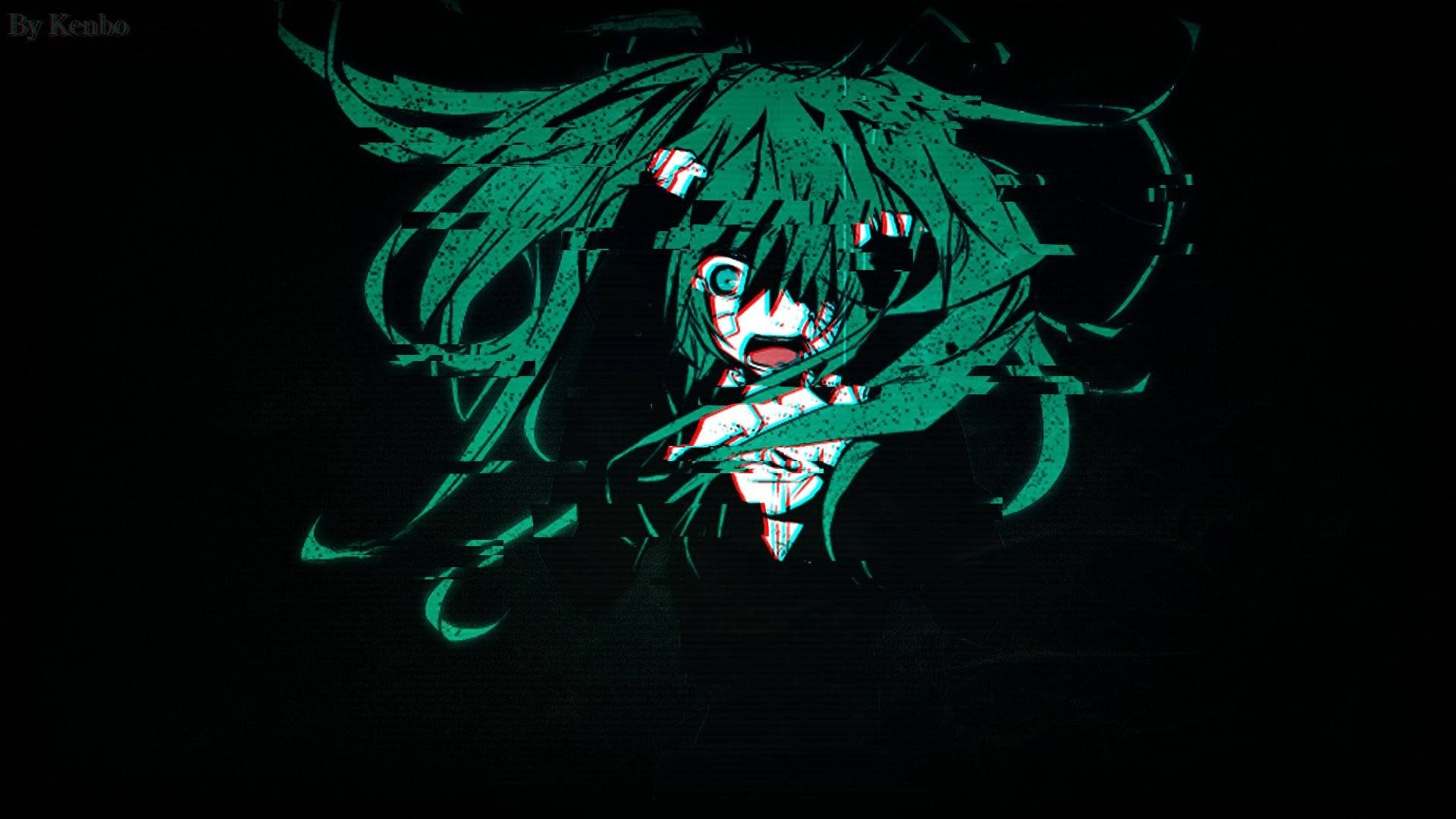 初音未來 桌布 壁紙 — 一個帶有故障效果的動漫女孩，擁有青綠色頭髮和大眼睛，在黑色背景上凝視，帶有數位扭曲效果。