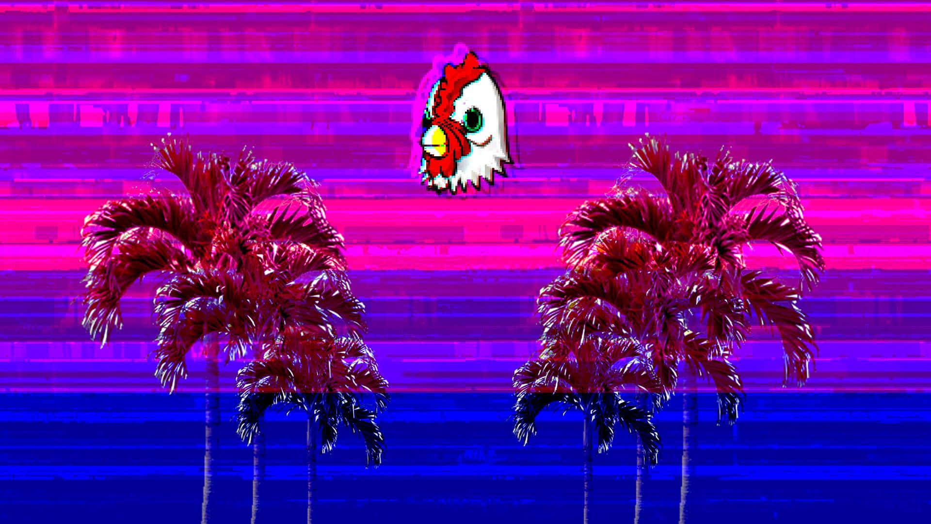 Hotline Miami 桌布 壁紙 — 一個帶有故障效果的復古雞頭漂浮在兩棵洋紅色棕櫚樹上方，背景是充滿活力的紫色和藍色條紋。