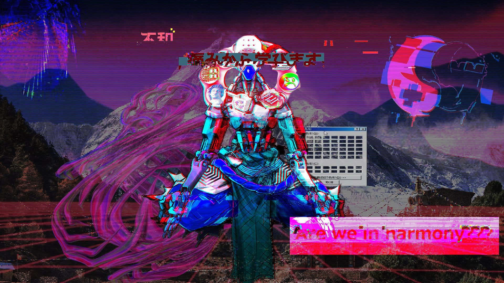 Aesthetic Overwatch 桌布 壁紙 — 一個帶有故障效果的機械人形，飄逸的粉紅色頭髮，站在超現實的山景中，天空是故障的紫色。
