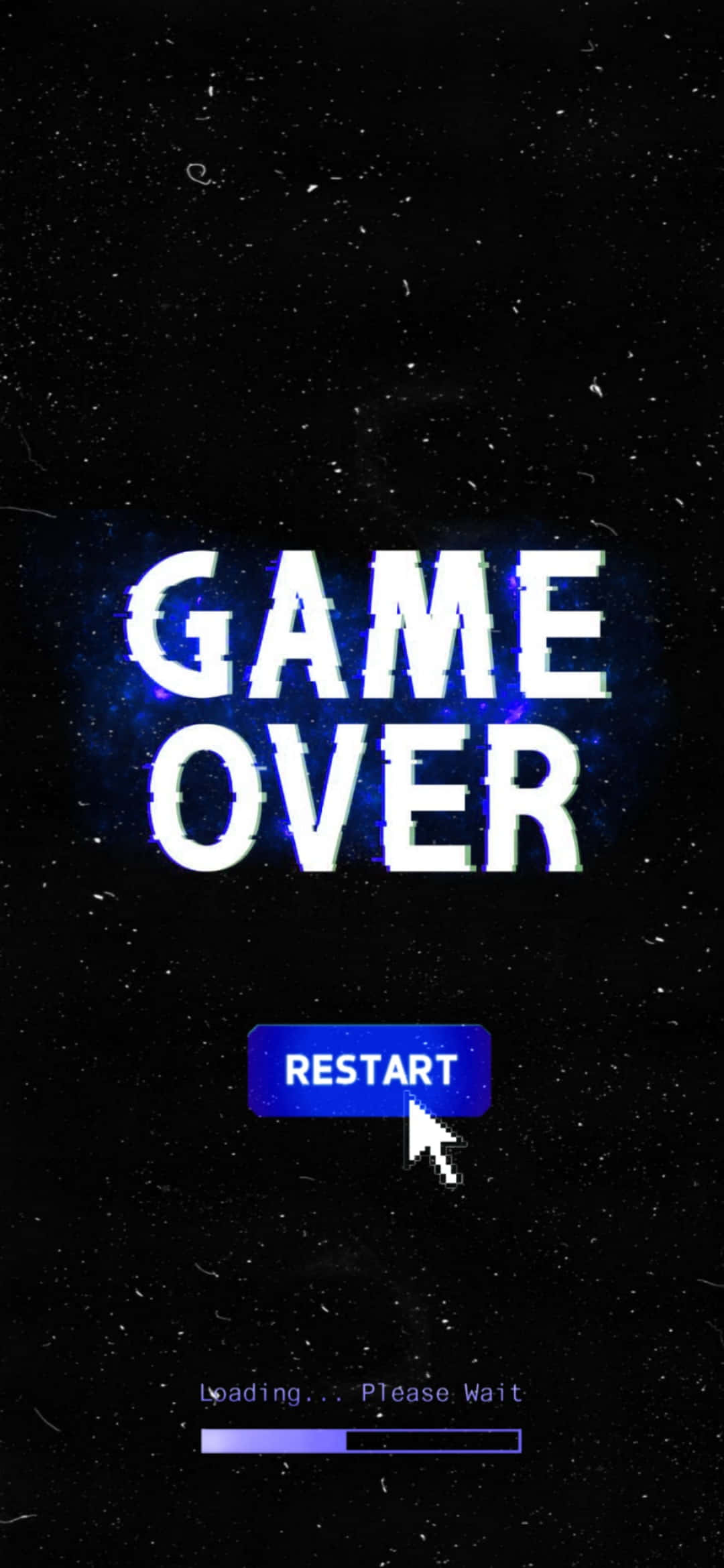 Dark Game Over 桌布 壁紙 — 一個帶有故障效果的遊戲結束畫面，在深色斑點背景上有一個發光的重新啟動按鈕和加載條。