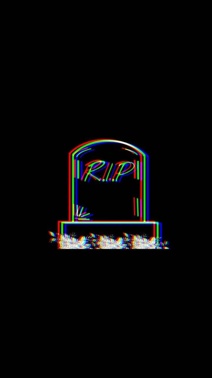 裂開 桌布 壁紙 — 一個帶有故障效果的霓虹墓碑，上面寫著「R.I.P.」，在黑色虛空中發光，帶有扭曲的色差。