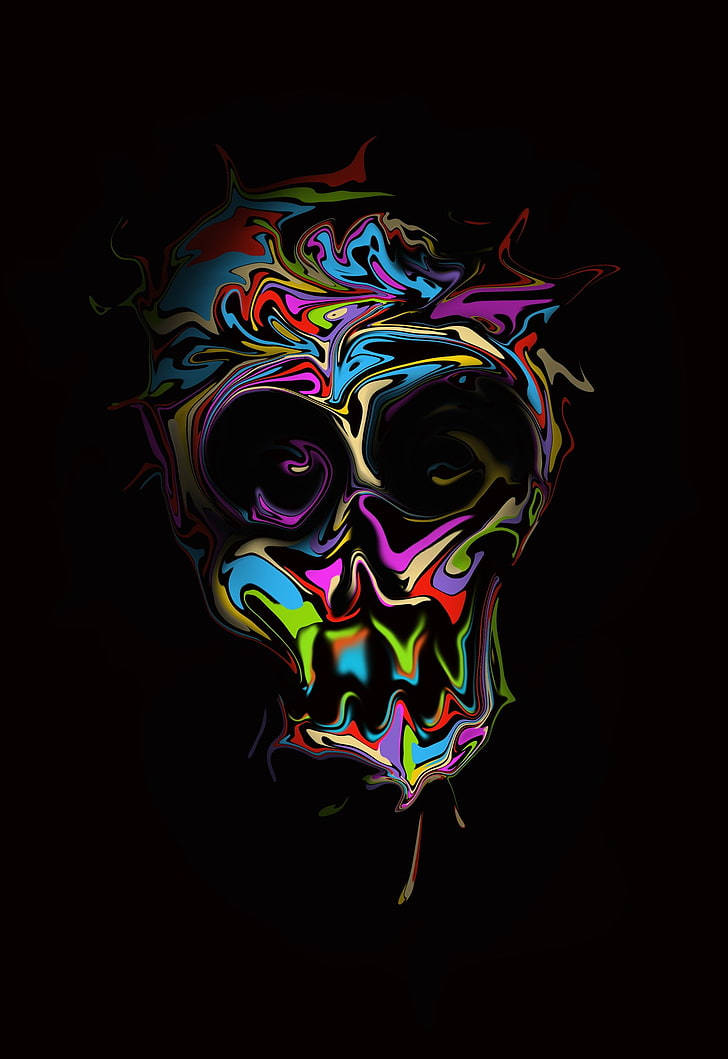 一個色彩繽紛的抽象頭骨，在黑色背景上帶有旋轉圖案。 — 迷幻暗黑風格 壁紙