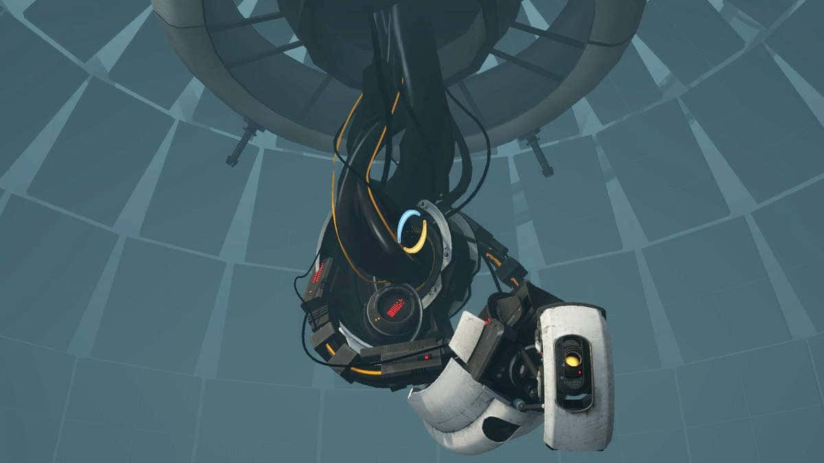 Portal Characters 桌布 壁紙 — 一個帶有橙色和藍色發光燈光的機械臂懸掛在一個未來風格的瓷磚房間中。