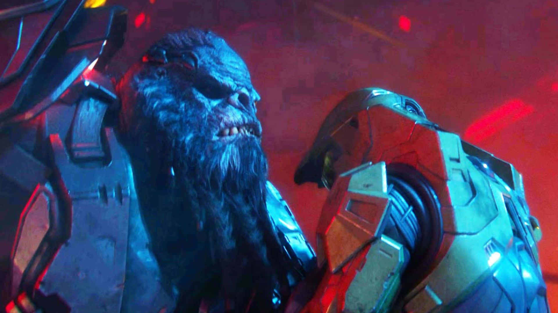 Atriox 桌布 壁紙 — 一個帶有毛皮和尖銳牙齒、令人畏懼的藍皮膚外星人，站在一個紅銀色裝甲戰士旁邊，身處昏暗的霓虹紅色環境中。