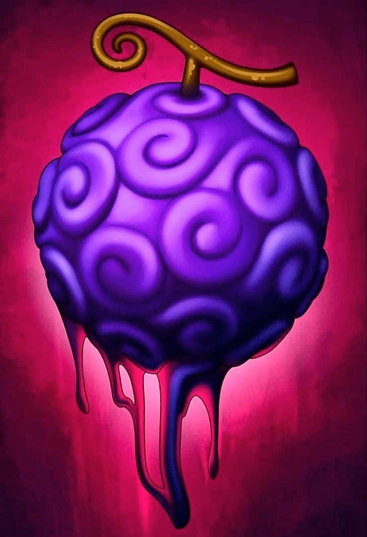 Gomu Gomu No Mi 桌布 壁紙 — 一個帶有漩渦圖案和金色莖滴的亮紫色惡魔果實，背景為深洋紅色。