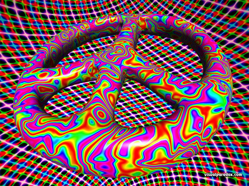 和平 桌布 壁紙 — 一個帶有漩渦彩虹圖案的迷幻3D環面浮在發光的網格背景上。