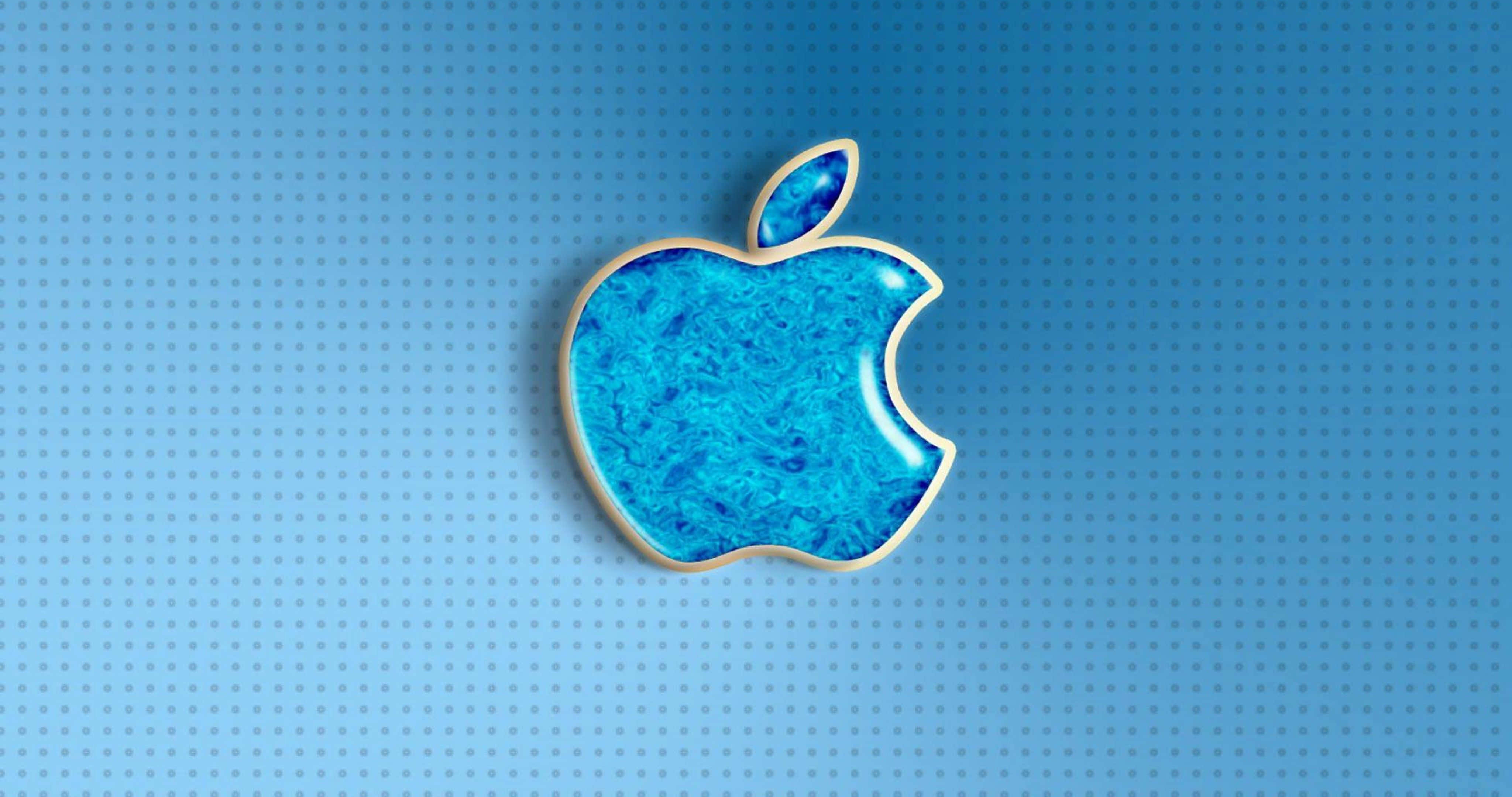 4K Apple 桌布 壁紙 — 一個帶有漩渦紋理的光澤藍色Apple標誌，居中放置在點狀藍色背景上。