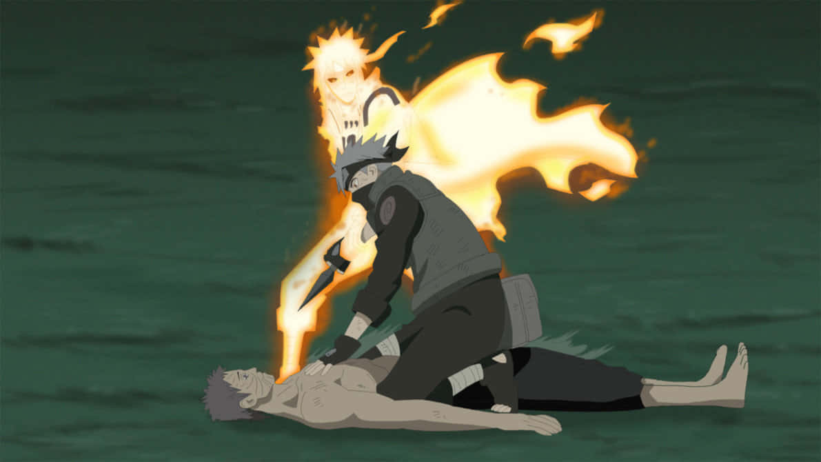 Kakashi And Minato 桌布 壁紙 — 一個帶有火焰光環的動漫角色跪在黑暗水中倒下的同伴身上。