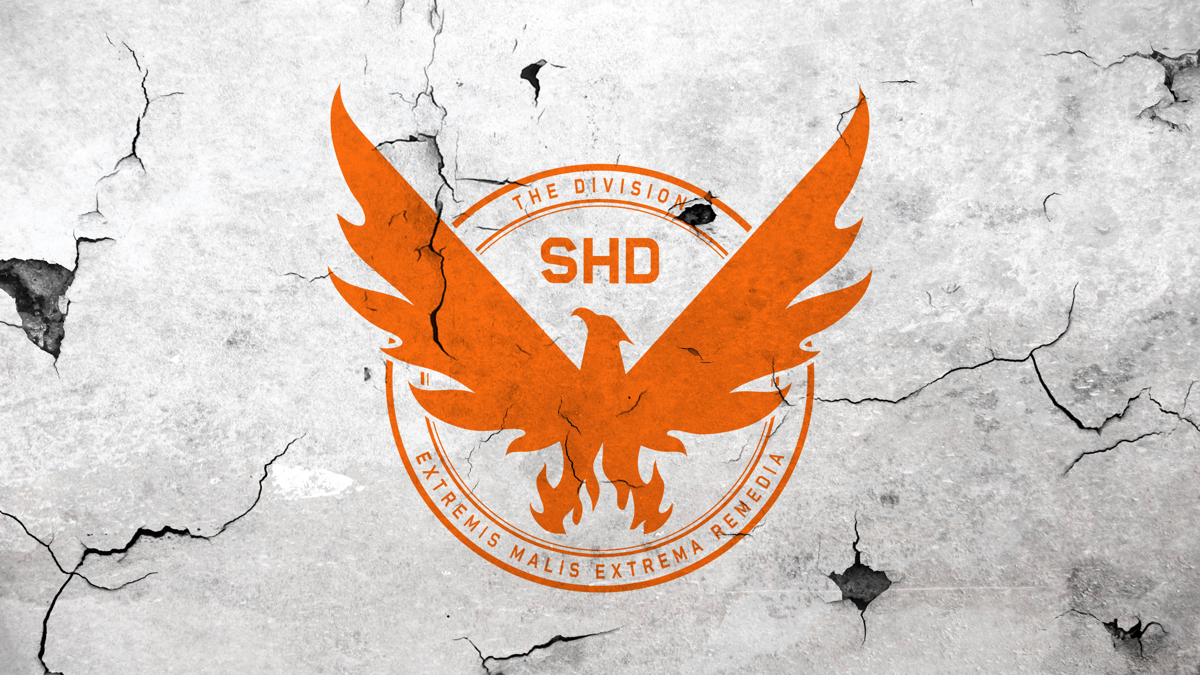 The Division 2 Logo 壁紙 — 一個帶有火焰和拉丁文字的橙色SHD鳳凰標誌被噴塗在裂開的混凝土牆上。