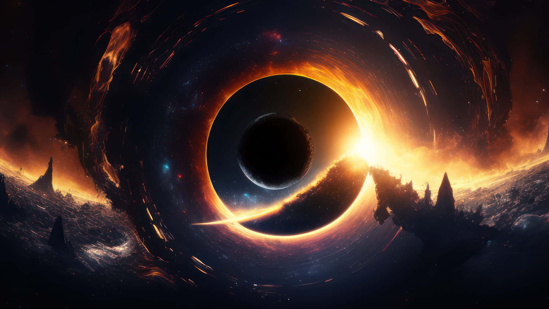  壁紙 — 一個帶有熾熱吸積盤的宇宙黑洞，主宰著一個戲劇性的太空場景，周圍是崎嶇的外星地形。