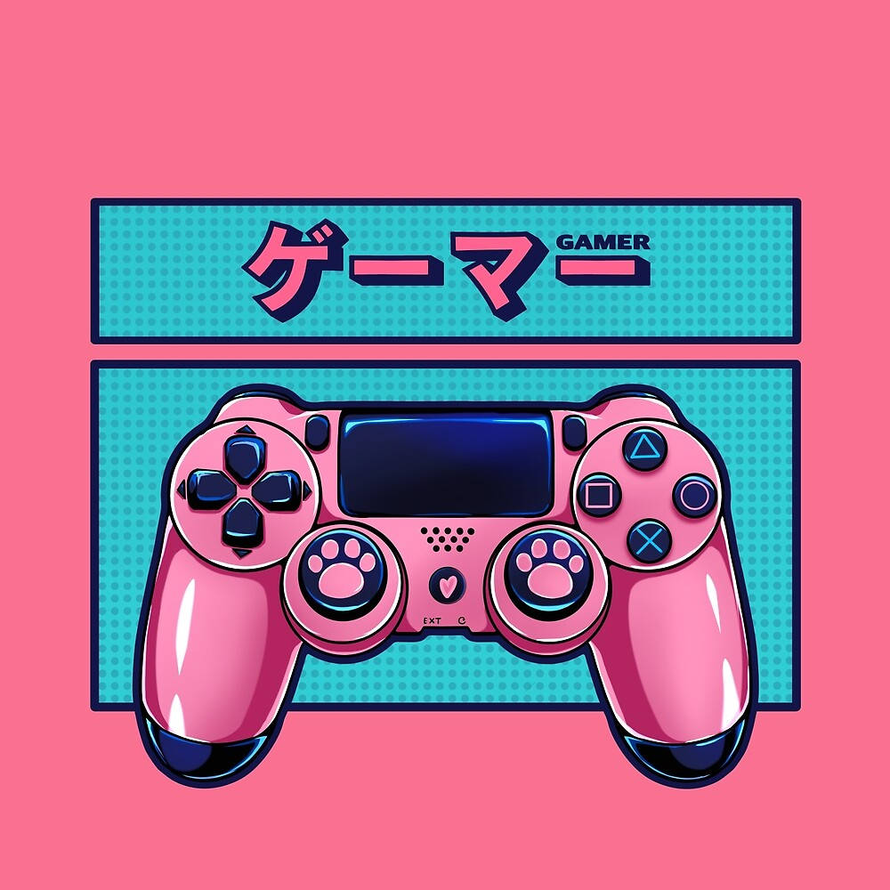 PlayStation 桌布 壁紙 — 一個帶有爪印握把的鮮豔粉紅色遊戲控制器，位於一個青綠色橫幅下方，橫幅上以粗體日文和英文寫着「GAMER」。